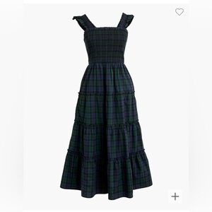 JCrew Factory black watch Cotton-blend poplin smocked tiered midi dress